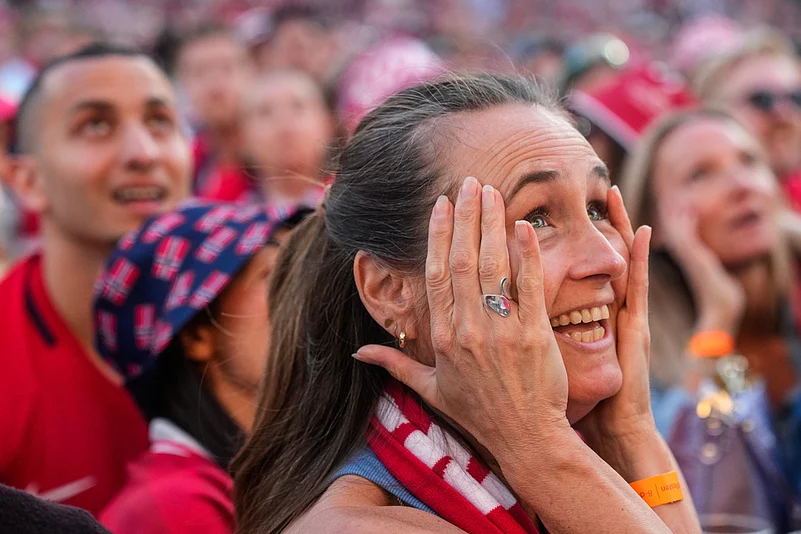 Norway soccer fans gather at Ullevaal Stadium in Oslo, Sunday, July 5, 2026, to watch Norways round of 16 World Cup match against Brazil