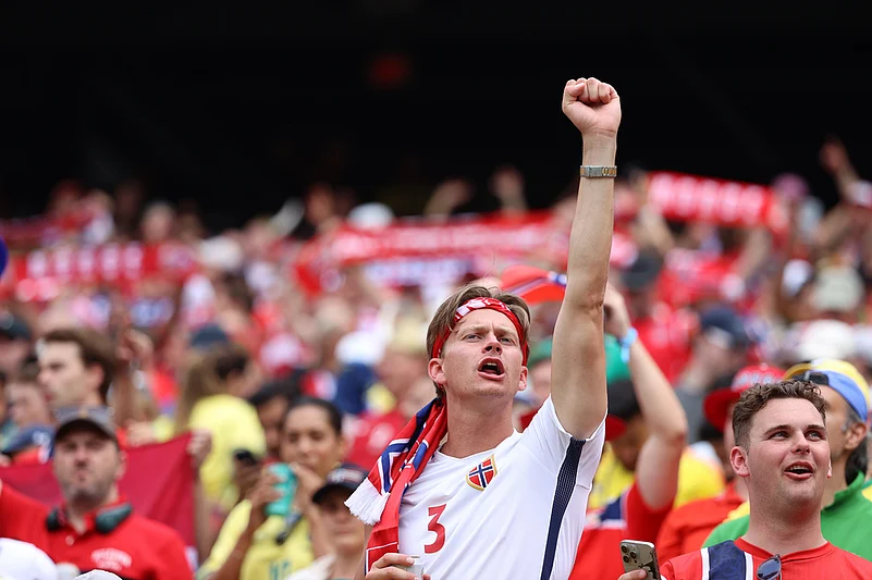 Fans cheer during the World Cup round of 16 soccer match between Brazil and Norway in East Rutherford, N.J