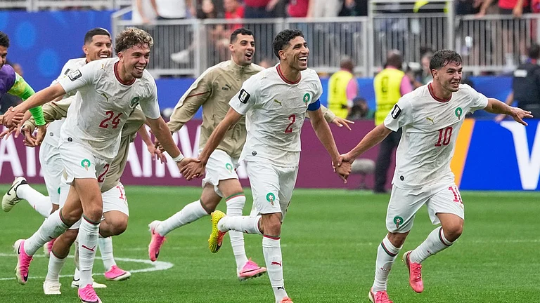 Morocco players react after the World Cup round of 16 soccer match against Canada in Houston, July 4, 2026. - AP Photo/David J. Phillip
