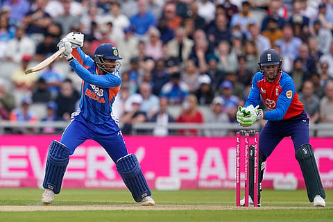 India's Tilak Varma plays a shot during the second T20 cricket match between England and India in Manchester, England.