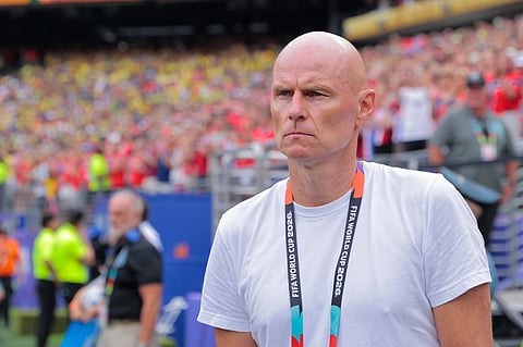 Norway head coach Stale Solbakken looks on during the World Cup round of 16 soccer match between Brazil and Norway in East Rutherford