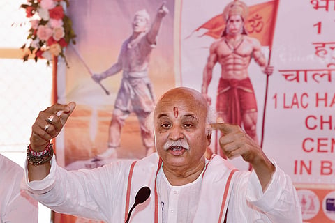 Antarashtriya Hindu Parishad (AHP) President Pravin Togadia addresses a press conference, in Guwahati.