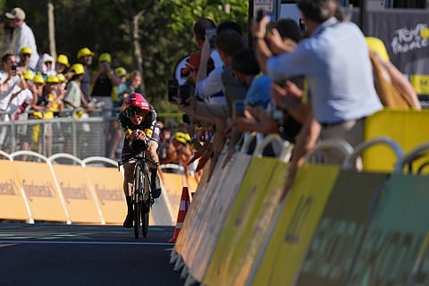 Denmark's Jonas Vingegaard of Team Visma strains during the first stage of the Tour de France cycling race, a team time-trial over 19.6 kilometers (11.8 miles) with start and finish in Barcelona, Spain.
