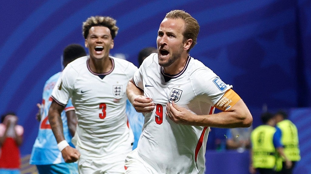 England's Harry Kane (9) celebrates after scoring his side's first goal during the World Cup round of 32 soccer match between England and Congo in Atlanta - AP Photo/Butch Dill