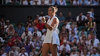 Aryna Sabalenka Vs Naomi Osaka Live Score, Wimbledon 2026: Top Seed Meets Japanese Star With QF Place At Stake | Photo: AP/Kin Cheung : Aryna Sabalenka of Belarus celebrates her victory against Jelena Ostapenko of Latvia in their third round women's singles match at the Wimbledon Tennis Championships in London, Friday, July 3, 2026.