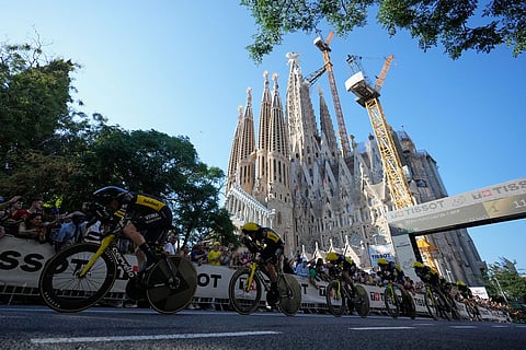 Team Visma in action during the first stage of the Tour de France cycling race, a team time-trial over 19.6 kilometers (11.8 miles) with start and finish in Barcelona, Spain.