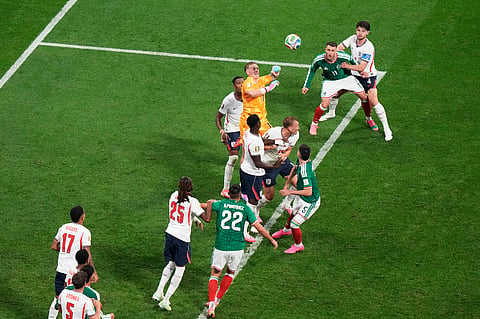 England goalkeeper Jordan Pickford (1) leaps to make a save against Mexico during the World Cup round of 16 soccer match in Mexico City, Sunday, July 5, 2026