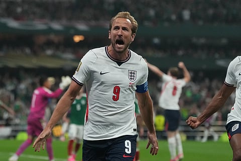 England's Harry Kane (9) celebrates after scoring his side's third goal through penalty kick during the World Cup round of 16 soccer match between Mexico and England in Mexico City, Sunday, July 5, 2026