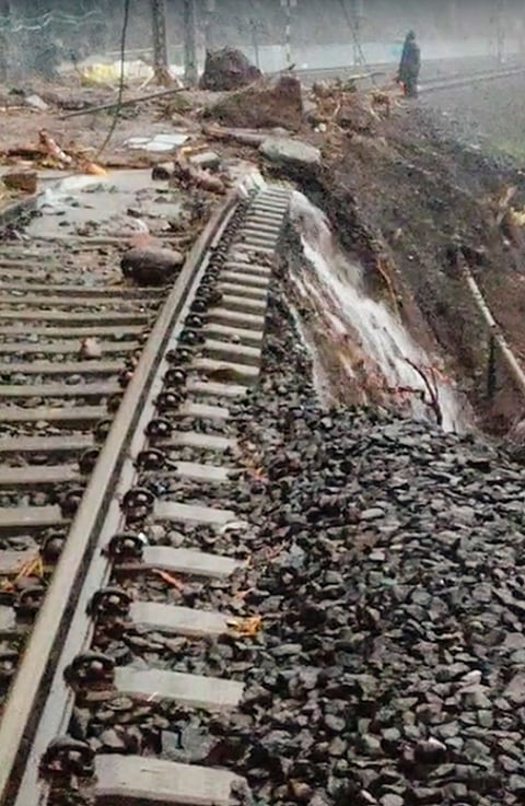 A view of debris after a landslide in the Bhor Ghat section between Karjat and Lonavala, disrupting Mumbai-Pune rail services, in Pune district, Maharashtra. 