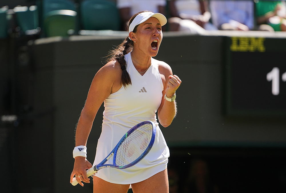 | Photo: AP/Kin Cheung : Jessica Pegula of the United States celebrates winning the women's singles fourth round match against Iva Jovic of the United States at the Wimbledon Tennis Championships in London, Sunday, July 5, 2026.