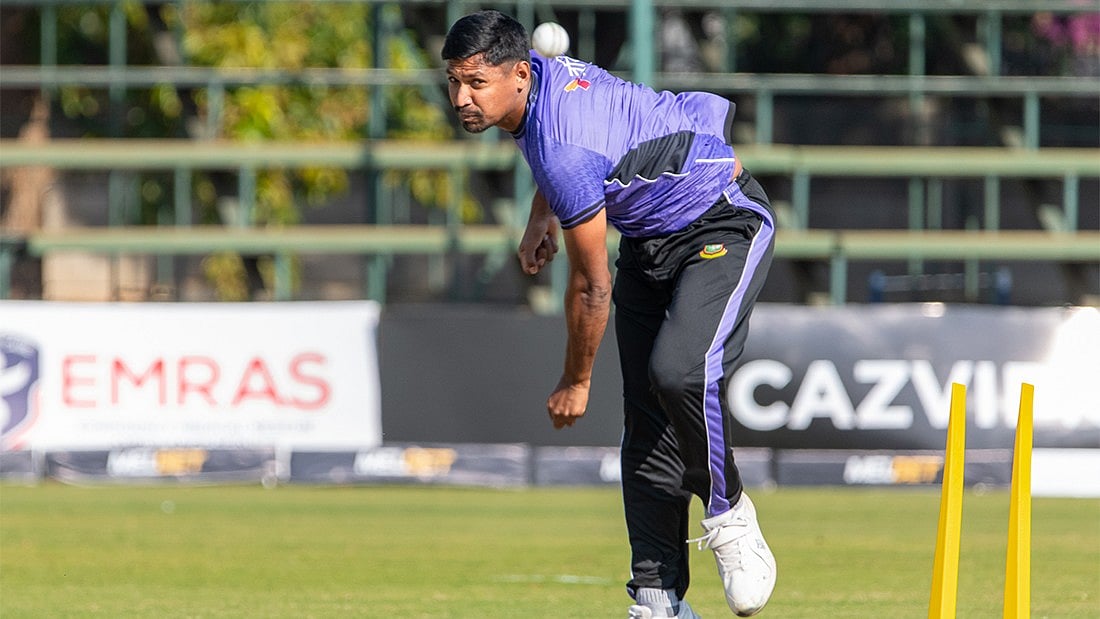 Bangladesh's pacer Mustafizur Rehman during a practice session ahead of the 1st ODI against Zimbabwe in Harare - X/ZimCricketv