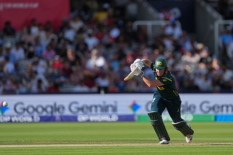 Australia's Beth Mooney, hits runs during the Women's T20 Cricket World Cup final between England and Australia in London.