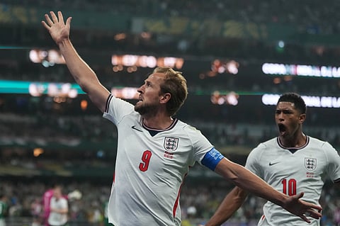 England's Harry Kane (9) celebrates after scoring his side's third goal through penalty kick during the World Cup round of 16 soccer match between Mexico and England in Mexico City, Sunday, July 5, 2026