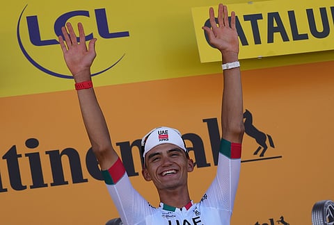Mexico's Isaac Del Toro, celebrates on the podium after winning the second stage of the Tour de France cycling race with start in Tarragone and finish in Barcelona, Spain, Sunday, July 5, 2026. 