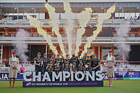 | Photo: AP/Alastair Grant : The Australia team celebrate with the trophy after winning the Women's T20 Cricket World Cup final between England and Australia in London.