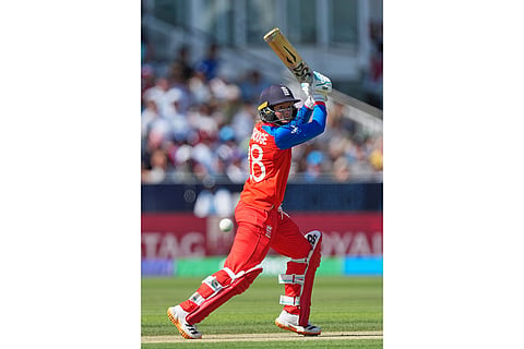 England's Danni Wyatt-Hodge plays a shot during the Women's T20 Cricket World Cup final between England and Australia in London.