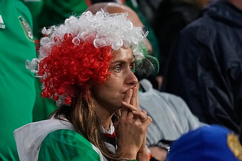 A Mexico fan reacts during the World Cup round of 16 soccer match between Mexico and England in Mexico City, Sunday, July 5, 2026