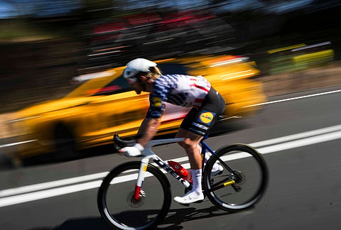 Quinn Simmons of the U.S. rides during the second stage of the Tour de France cycling race over 168.5 kilometers (104.3 miles) with start in Tarragona and finish in Barcelona, Spain, Sunday, July 5, 2026.