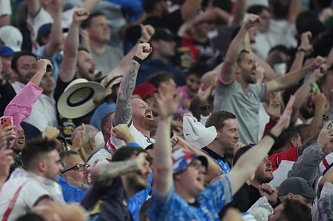 Fans of England react following a goal during the World Cup round of 16 soccer match between Mexico and England in Mexico City, Sunday, July 5, 2026