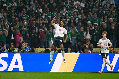 England's Jude Bellingham (10) celebrates after scoring their first goal during the World Cup round of 16 soccer match between Mexico and England in Mexico City, Sunday, July 5, 2026