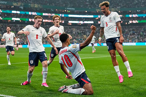 England's Jude Bellingham (10) celebrates with teammates after scoring his team's second goal during the World Cup round of 16 soccer match between Mexico and England in Mexico City, Sunday, July 5, 2026