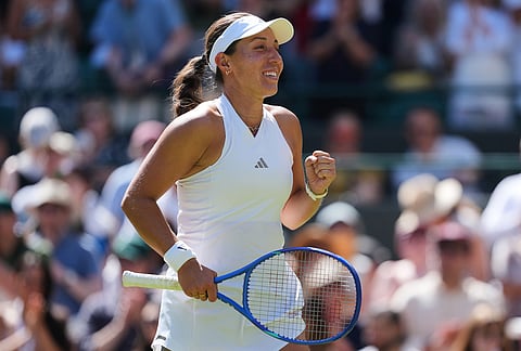 Jessica Pegula of the United States celebrates winning the women's singles fourth round match against Iva Jovic of the United States at the Wimbledon Tennis Championships in London, Sunday, July 5, 2026.