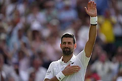 Novak Djokovic of Serbia celebrates his victory against Roman Saffiulin of Russia in their fourth round men's singles match at the Wimbledon Tennis Championships in London. - | Photo: AP/Brian Inganga