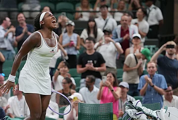 | Photo: AP/Kin Cheung : Coco Gauff of the United States reacts after winning against Belinda Bencic of Switzerland in their fourth round women's singles match at the Wimbledon Tennis Championships in London, Sunday, July 5, 2026.