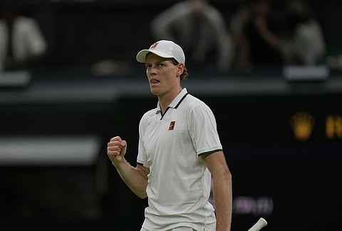 Jannik Sinner of Italy celebrates his victory against Shintaro Mochizuki of Japan in their fourth round men's singles match at the Wimbledon Tennis Championships in London, Sunday, July 5, 2026.