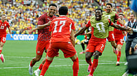 Switzerland 0-0 Colombia (4-3 Penalties) Highlights, FIFA World Cup 2026: Gregor Kobel's Heroics Take Nati In Last Eight PETER KLAUNZER/AP Photo : Switzerland's Ruben Vargas (17) celebrates with teammates after making the winning kick in a penalty shootout in the World Cup round of 16 soccer match between Switzerland and Colombia in Vancouver