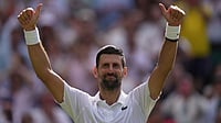 Photo: AP/Brian Inganga : Novak Djokovic of Serbia celebrates his victory against Roman Saffiulin of Russia in their fourth round men's singles match at the Wimbledon Tennis Championships in London.