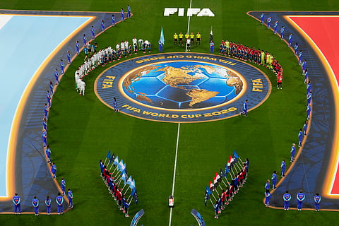 Players stand during a teams presentation before the World Cup round of 16 soccer match between Argentina and Egypt in Atlanta, Tuesday, July 7, 2026.