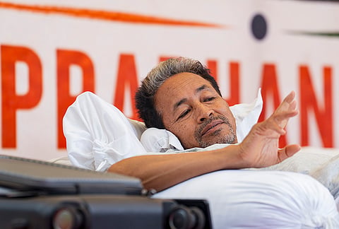 Climate activist Sonam Wangchuk during a hunger strike by Cockroach Janata Party (CJP) demanding action over alleged irregularities in examinations and seeking the resignation of Union Education Minister Dharmendra Pradhan, at Jantar Mantar in New Delhi. CJP's protest at Jantar Mantar entered its 18th day on Tuesday. 
