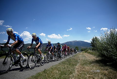 Riders in the breakaway pedal during the third stage of the Tour de France cycling race with start in Granollers and finish in Les Angles, France, Monday, July 6, 2026.