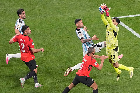Egypt goalkeeper Mostafa Shoubir (23) saves during the World Cup round of 16 soccer match between Argentina and Egypt in Atlanta, Tuesday, July 7, 2026.