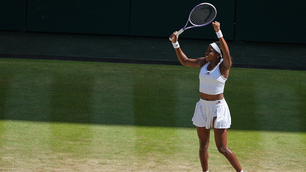 Coco Gauff of the United States celebrates winning the women's singles quarter-final match against Jessica Pegula of the United States at the Wimbledon Tennis Championships in London - Kirsty Wigglesworth/AP Photo