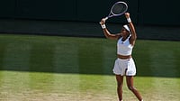 Kirsty Wigglesworth/AP Photo : Coco Gauff of the United States celebrates winning the women's singles quarter-final match against Jessica Pegula of the United States at the Wimbledon Tennis Championships in London