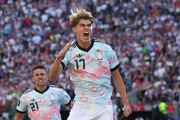 Belgium's Charles De Ketelaere (17) celebrates after scoring his side's opening goal - AP