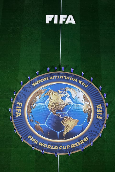 The FIFA logo is displayed on the pitch before the World Cup round of 16 soccer match between Argentina and Egypt in Atlanta, Tuesday, July 7, 2026.