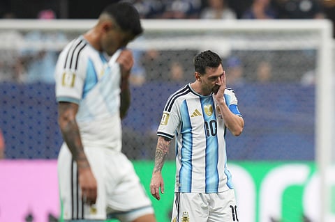 Argentina's Lionel Messi (10) reacts during the hydration break of the World Cup round of 16 soccer match between Argentina and Egypt in Atlanta, Tuesday, July 7, 2026.