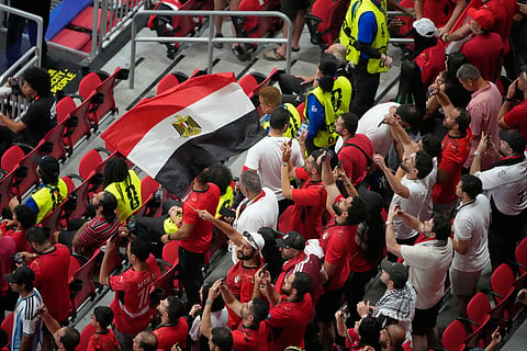 Egyptian fans cheer before the World Cup round of 16 soccer match between Argentina and Egypt in Atlanta, Tuesday, July 7, 2026.