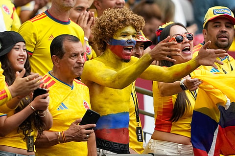 Colombia fans react before the World Cup round of 16 soccer match between Switzerland and Colombia in Vancouver, British Columbia