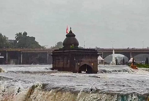 A view of a partially submerged area near Trimbakeshwar Jyotirling Temple after the water level of the Godavari river rises due to heavy rainfall, in Nashik.