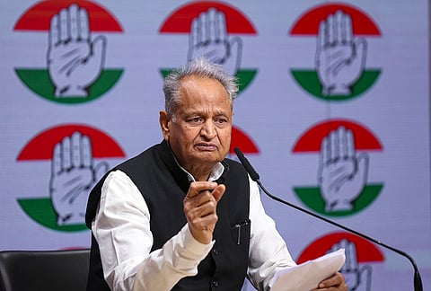 Former Rajasthan Chief Minister Ashok Gehlot addresses a press conference, at AICC office in New Delhi. 