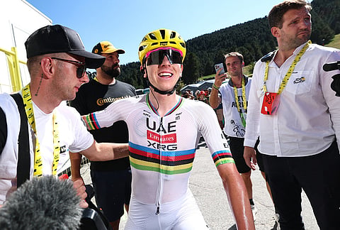 Slovenia's Tadej Pogacar celebrates after winning the third stage of the Tour de France cycling race with start in Granollers and finish in Les Angles , France, Monday, July 6, 2026. 