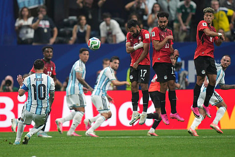 Argentina's Lionel Messi (10) takes a kickoff during the World Cup round of 16 soccer match between Argentina and Egypt in Atlanta, Tuesday, July 7, 2026.