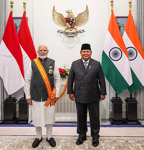 Prime Minister Narendra Modi is conferred the 'Bintang Adipurna of the Republic of Indonesia', the country's highest civilian honour, by Indonesian President Prabowo Subianto at the Istana Merdeka, Presidential Palace, in Jakarta, Indonesia. 