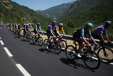 Riders in the breakaway pedal during the third stage of the Tour de France cycling race with start in Granollers and finish in Les Angles, France, Monday, July 6, 2026. 