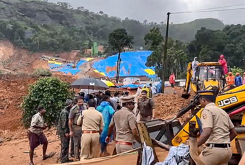 Rescue operation underway after a landslide at Kalladi, near Meppadi tunnel project in Wayanad, Kerala.