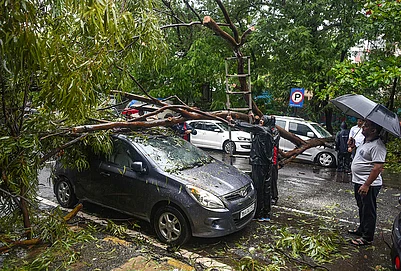 | Photo: PTI : Damaged remains of a car after a tree falls on it following heavy rain and gusty winds, in Navi Mumbai, Monday, July 6, 2026.